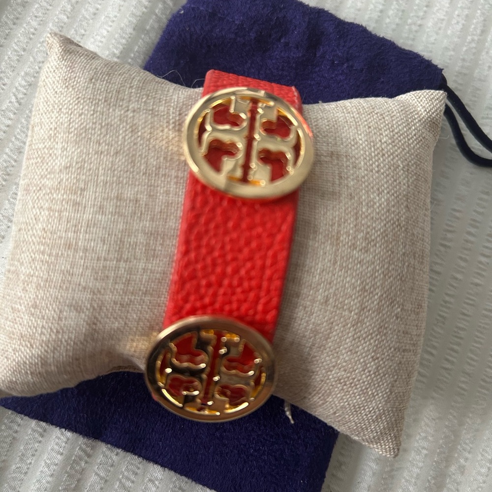 Tory Burch Red Leather Bracelet with Gold Logo